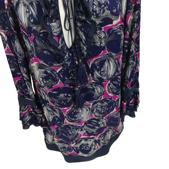 Tory Burch Silk Blend Peasant Tassel Ruffle Bell Sleeve Blouse Size 10 Shirt - Picture 7 of 15